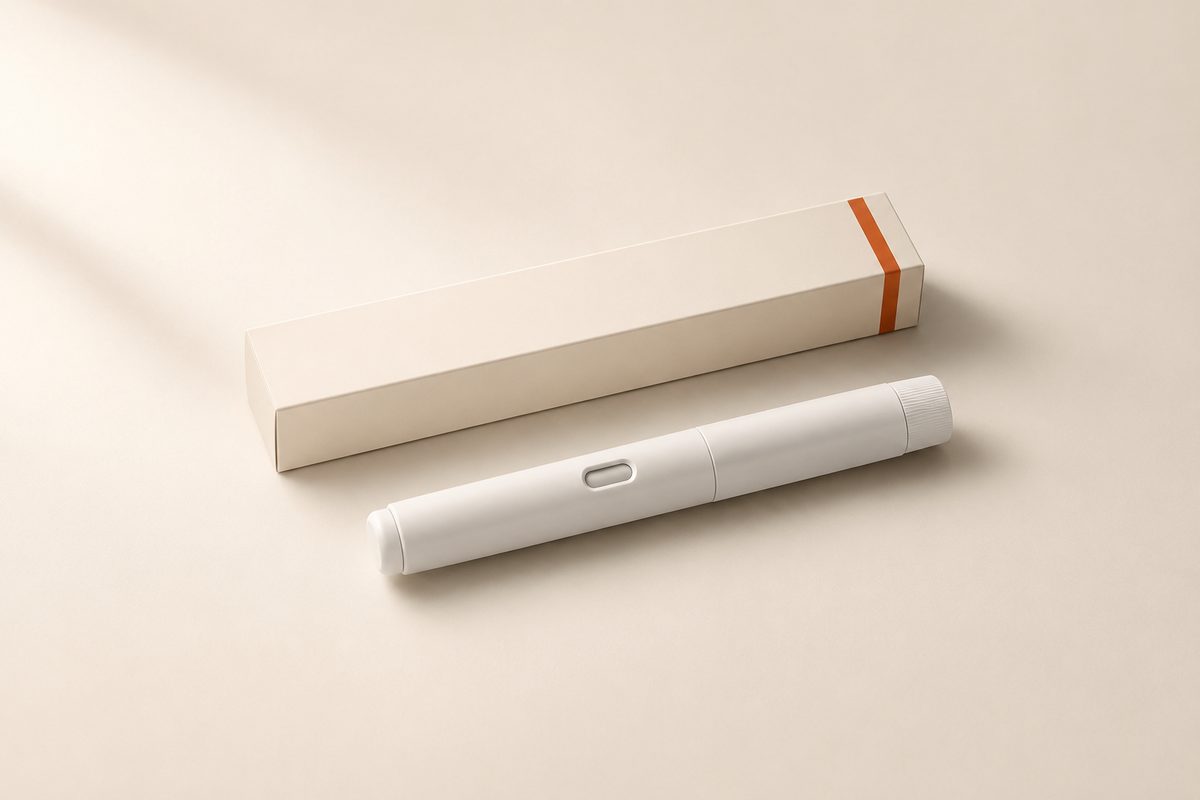 A Solene weight-care kit on a warm neutral surface